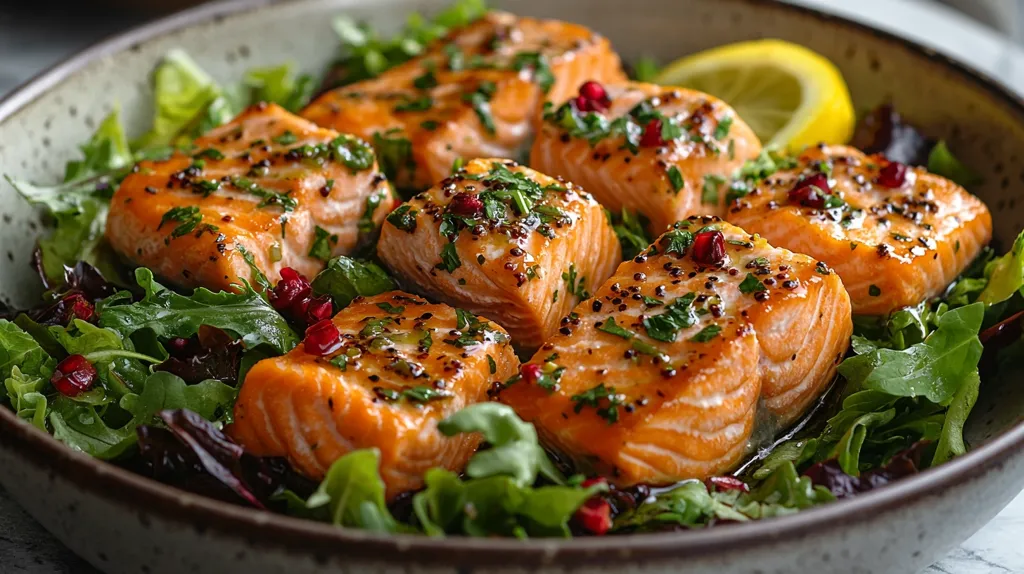 A bowl of fresh salad with grilled salmon fillets. The salmon is glazed with a sweet and savory sauce and garnished with parsley and pomegranate seeds. The salad is made up of mixed greens and a lemon wedge. The dish is presented in a rustic bowl and looks delicious and inviting.