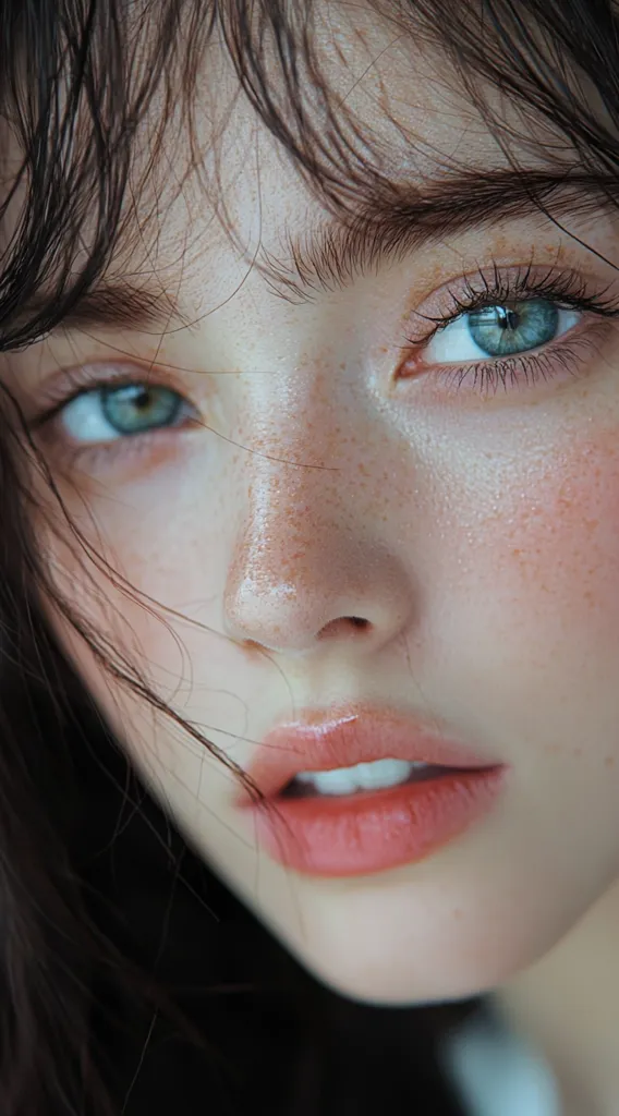 The image shows a close-up of a young woman's face. Her long, dark hair falls across her forehead, partially obscuring her eyes. Her skin is fair and freckled, with a hint of rosy blush on her cheeks. Her eyes are a striking shade of blue-green, and her lips are painted a soft pink. The overall impression is one of youthful beauty and innocence.