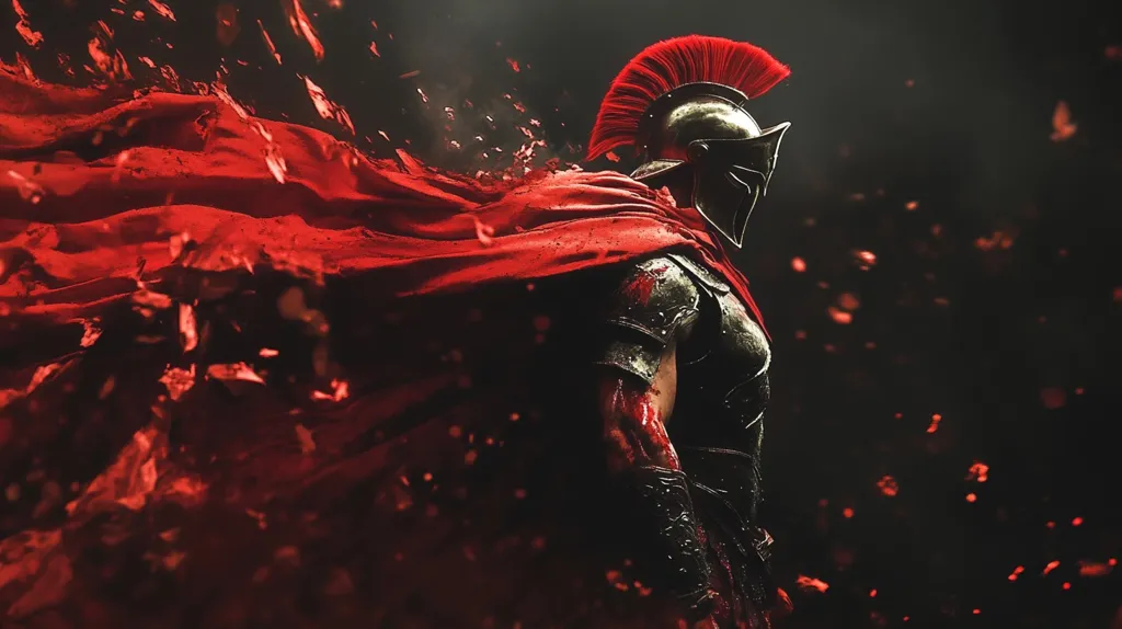 A Spartan warrior in full armor, adorned with a red plume and a flowing crimson cloak, stands amidst a flurry of red particles against a dark background. The image evokes a sense of power, ferocity, and the aftermath of battle. The warrior's stoic expression and the blood stains on his armor suggest a seasoned veteran who has seen and endured much.