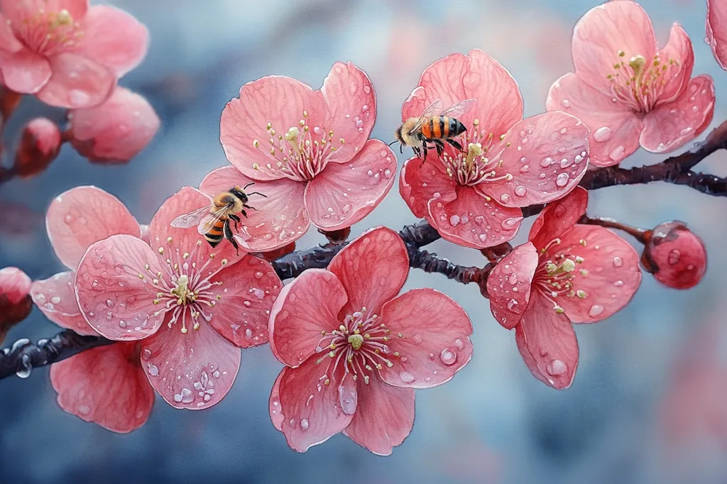 A delicate branch of pink blossoms with water droplets clinging to the petals. Two bees, one flying and one perched on a blossom, add a touch of life to the scene. The soft, pastel hues create a sense of serenity and beauty. The background is a hazy blue, hinting at a tranquil atmosphere.