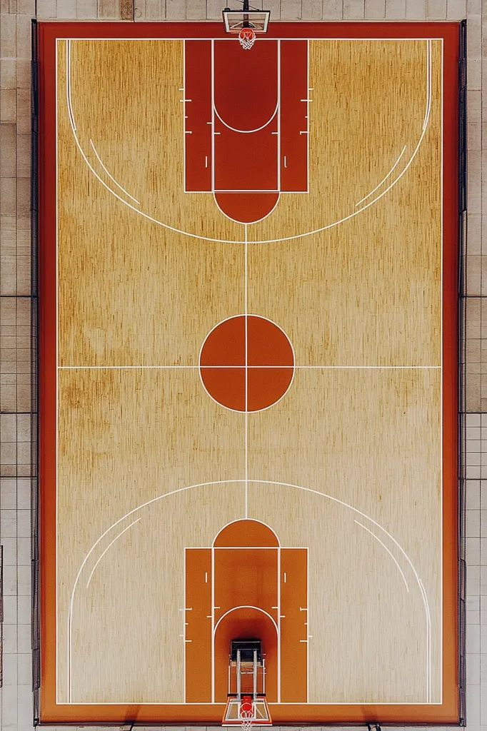 An aerial view of a basketball court. The court is made of wood and has white lines marking the playing area, including the three-point line, the free throw line, and the center circle. There are two baskets at opposite ends of the court, with a backboard and a net. The court is surrounded by a black fence and a grey concrete area. The image is taken from a high angle, giving a clear view of the entire court.