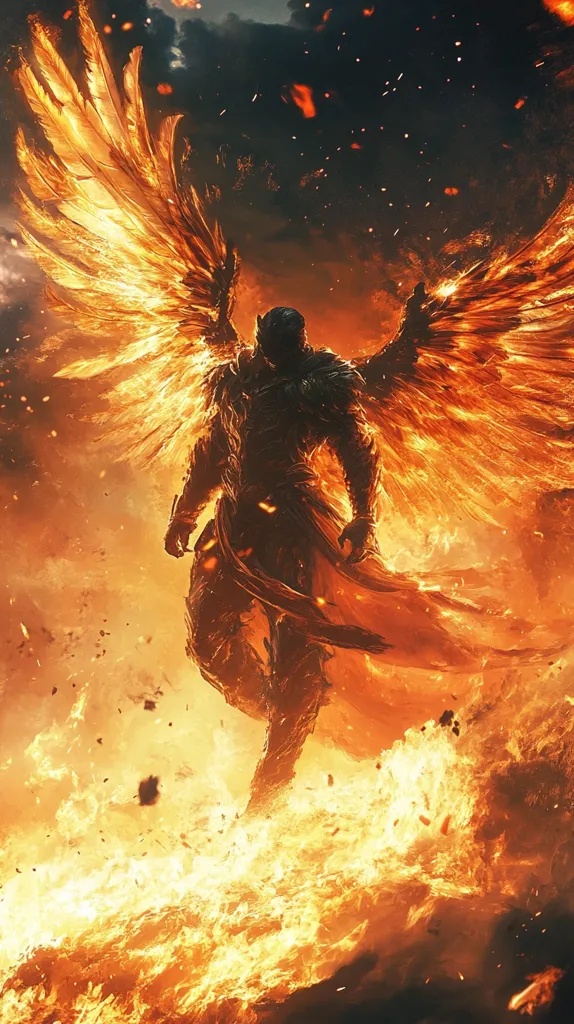 A fiery angel, cloaked in blazing wings, stands amidst a sea of flames. The angel is humanoid in form, with a muscular physique and a stoic expression. The wings are immense, billowing with orange and yellow flames, creating a dramatic contrast against the dark background. The ground below is engulfed in a fiery inferno, adding to the sense of power and intensity. The scene evokes a sense of both destruction and beauty, perhaps suggesting the wrath of a powerful being or the transformative nature of fire.