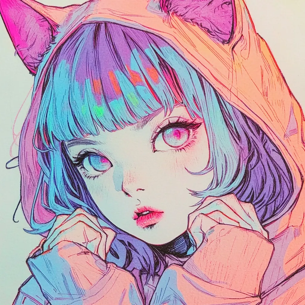 The image depicts a young woman with blue and purple hair, wearing a pink and orange hoodie with cat ears. She has large, expressive eyes and a delicate facial structure. The artwork is drawn in a vibrant, stylized manner, with strong lines and bold colors. The woman's gaze is directed towards the viewer, creating a sense of intimacy and curiosity. The overall aesthetic is playful and whimsical, with a hint of mystery.