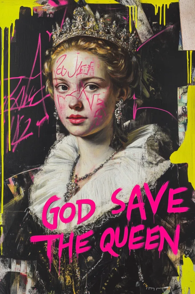 The image is a portrait of a woman wearing a crown, with a white collar and a pearl necklace. Her face is partially obscured by pink graffiti that reads "LOVE." The background is black, with yellow and pink graffiti.  The words "GOD SAVE THE QUEEN" are written in large pink letters at the bottom of the image. The overall effect is a combination of classical and modern styles, with a strong sense of rebellion and  a nod to monarchy.