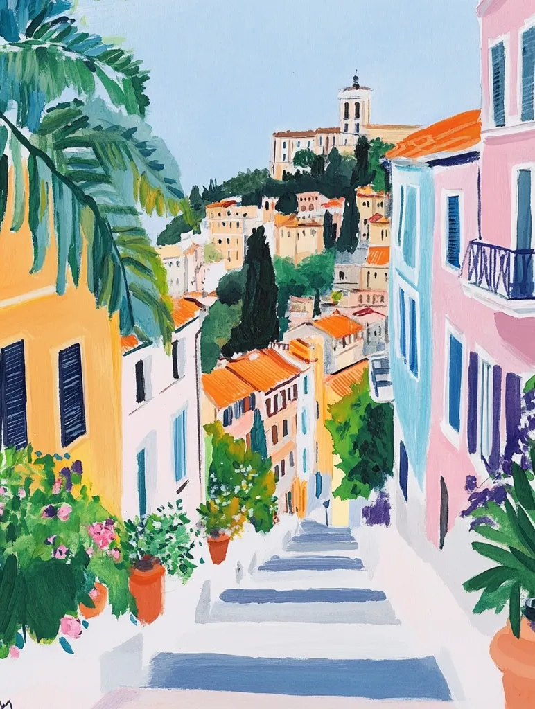 A brightly colored painting depicts a street in a European city, with a set of stairs leading upwards. The buildings are painted in vibrant shades of pink, yellow, and blue, and the street is lined with lush green foliage and colorful flowers. The scene is bathed in sunlight, creating a cheerful and inviting atmosphere.  In the distance, a church sits atop a hill.  The painting is executed in a loose, expressive style, with visible brushstrokes and a playful use of color.