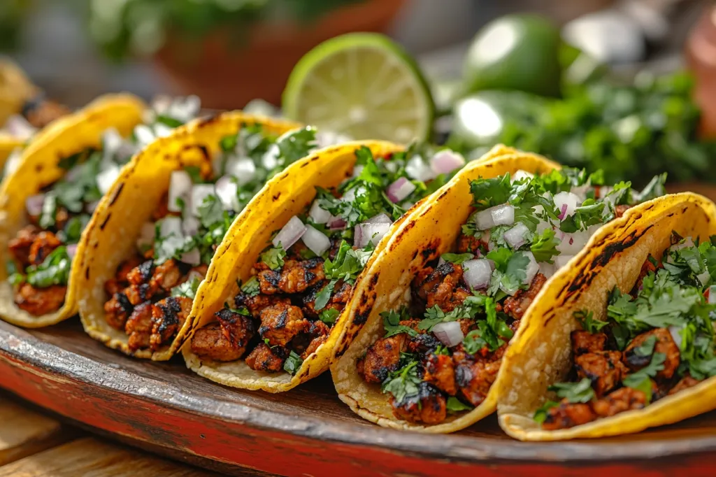 A close-up shot of five tacos on a wooden platter. The tacos are filled with seasoned ground meat, chopped cilantro, and diced red onion. They are arranged in a semi-circle, with the edges of the tortillas slightly curled. The image is lit from the top, emphasizing the textures of the ingredients.  A lime wedge and green onions lie in the background.  The scene appears to be a typical Mexican street food vendor setup.