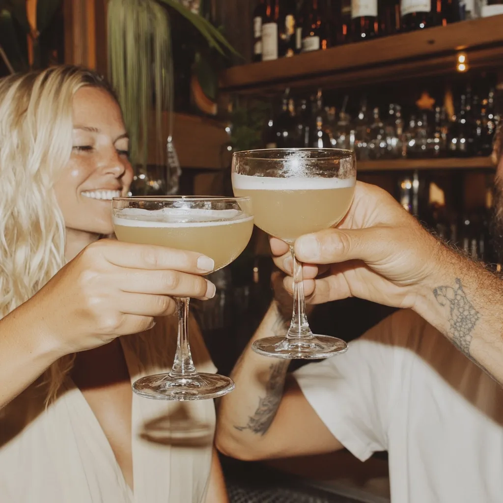 A woman and a man are toasting with cocktails at a bar. The woman is on the left, her blonde hair is falling over her face, and she is smiling. The man is on the right, and his arm is tattooed. The background is a bar with bottles on shelves.  The couple are dressed casually and are enjoying their drinks.  The lighting is warm and inviting.