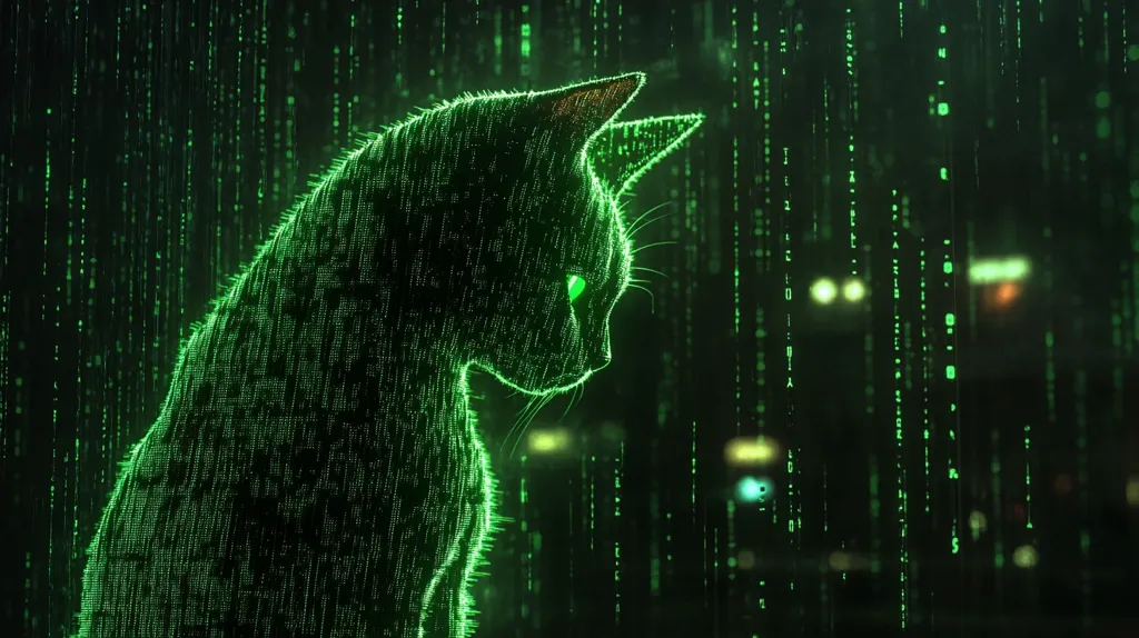 A black cat, rendered in a digital, pixelated style, sits in profile against a background of falling green code. The cat's one visible eye glows green, suggesting a digital presence. The image evokes a futuristic and mysterious atmosphere, perhaps referencing the world of cybernetics and artificial intelligence.