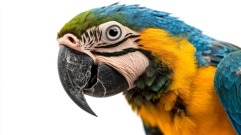 The close-up shot captures a vibrant blue and gold macaw's head. Its black beak is slightly ajar, revealing a hint of its tongue. The macaw's eye, a deep brown ringed in black, is focused on something off-camera. Its feathers, a striking blend of blue, green, and yellow, are meticulously detailed. The macaw's head is tilted slightly, giving the impression of curiosity or alertness. The bright colors of its plumage are accentuated against the stark white background.