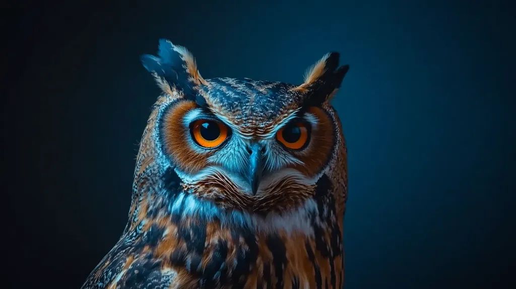 A close-up portrait of an owl with bright orange eyes and brown and blue feathers. The owl's head is turned slightly to the side, and its eyes are fixed on the camera, giving the impression that it is looking directly at the viewer. The background is a blurred dark blue, which helps to emphasize the owl's features.