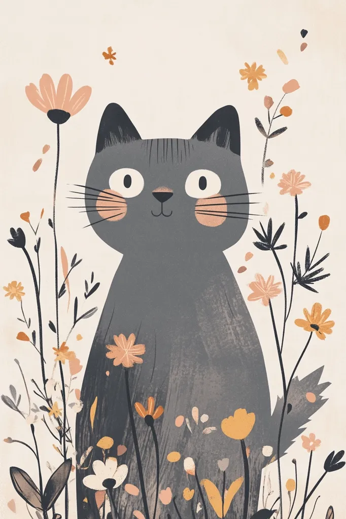 The illustration depicts a gray cat with large, expressive eyes, sitting amidst a field of wildflowers. The cat has a sweet expression, suggesting gentleness and affection.  The flowers are a mix of pinks, oranges, and yellows, adding a vibrant touch to the scene.  The overall tone is whimsical and playful, capturing the charm of a furry companion in a natural setting.
