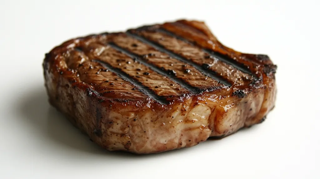 A perfectly cooked, juicy steak sits on a white surface. The steak is grilled, with visible grill marks, and has a rich, brown exterior. It has a slight sheen from the juices, and the edges are slightly charred. The steak is the focus of the image, and its deliciousness is evident.