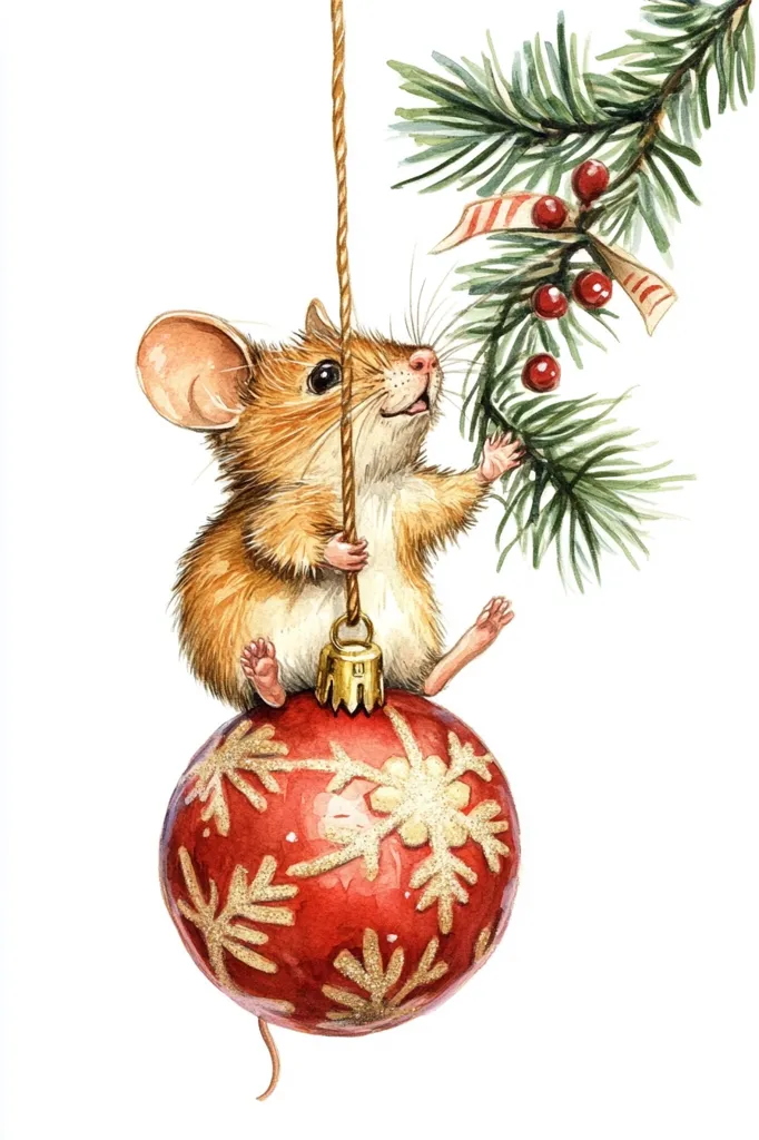 A cute, brown mouse with big ears is hanging onto a red, Christmas ornament with gold snowflakes.  The mouse is holding onto a string attached to the ornament, and its tail is dangling below. A sprig of evergreen with red berries hangs in the background.  The image is rendered in a watercolor style.