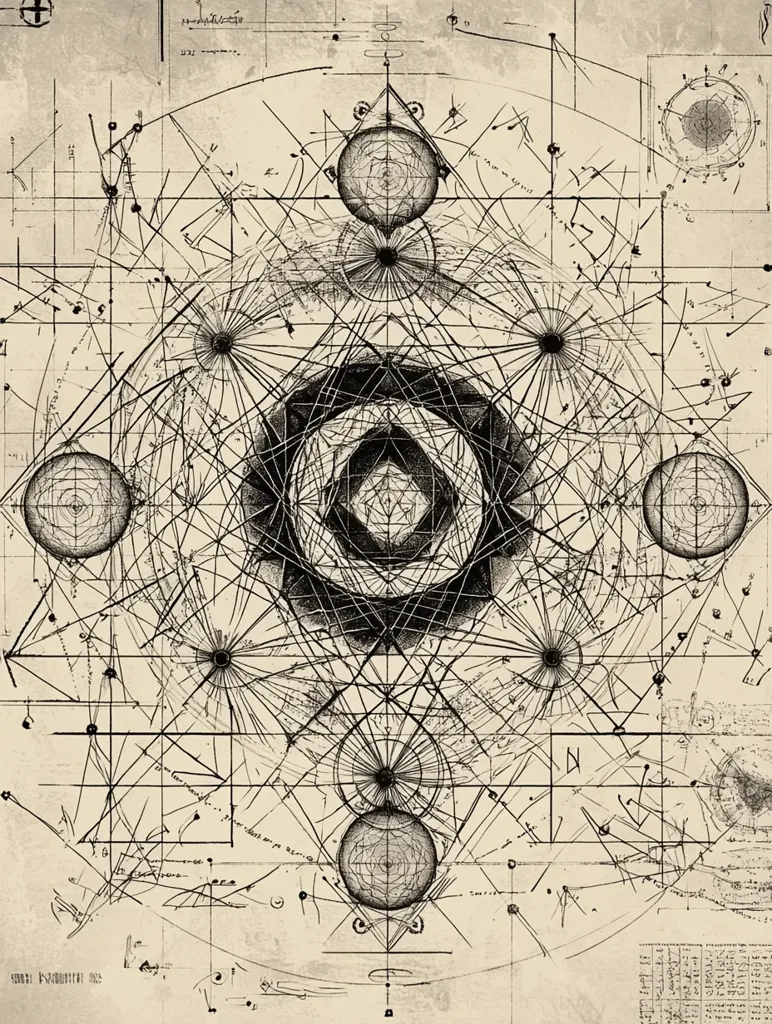 The image is a complex geometric design, drawn in black ink on a beige background. It features a series of intersecting lines and circles, creating a sense of depth and perspective. In the center, a large, symmetrical shape with a grid pattern is the focal point. The entire drawing is intricate and detailed, resembling a scientific or mathematical diagram.  Small handwritten notes and annotations are scattered across the page, suggesting a process of exploration and discovery. The overall impression is one of order, structure, and intellectual curiosity.