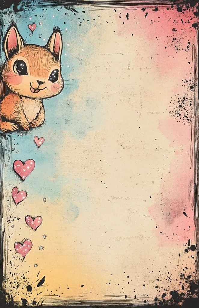 A cartoon squirrel with big eyes looks towards the right side of the image. The background is a faded and textured watercolor wash of blue, yellow, and pink, with a black border. Scattered around the squirrel are small pink hearts.