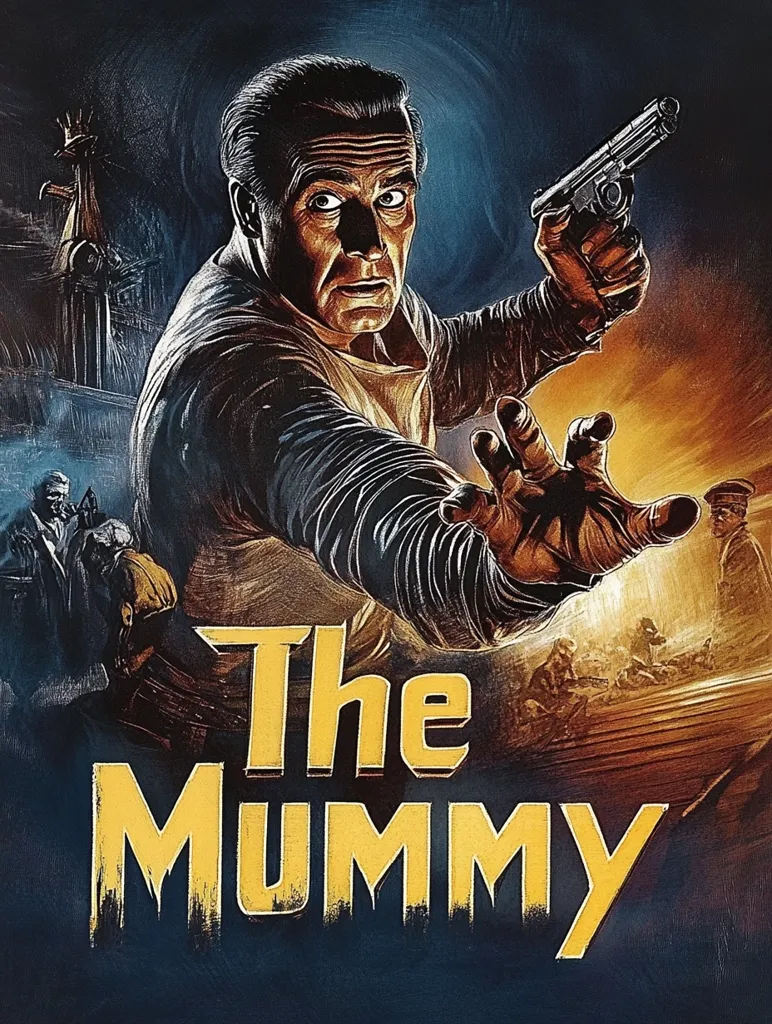 The image is a movie poster for "The Mummy". It features a man holding a gun, with a scared expression on his face. The poster is designed in a vintage style with dark colors and a dramatic lighting effect.  The title is in large, yellow letters, creating a stark contrast against the dark background. The poster is designed to create a sense of fear and excitement.
