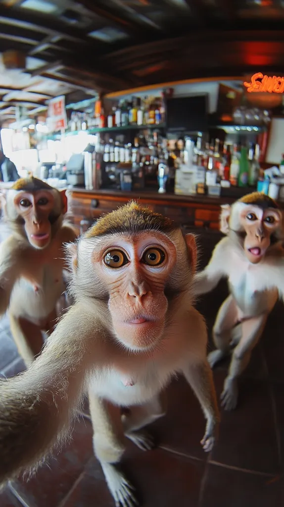 Three monkeys are sitting in a bar. The monkey in the foreground is taking a selfie with its two friends. The monkey in the middle has large brown eyes and a curious expression. The monkey on the right is looking at the camera with its mouth slightly open. The background is blurry and shows a bar counter with liquor bottles and shelves.