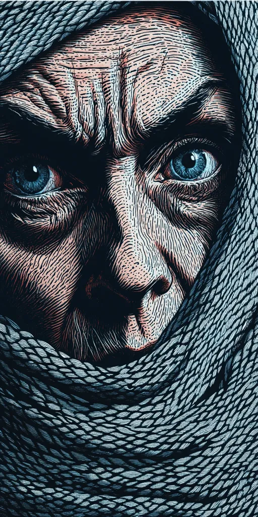 A close-up image of an old woman's face, captured in a woodcut style. The image is detailed, with intricate lines highlighting the wrinkles around her eyes and mouth. She is wearing a patterned headscarf that covers part of her face. The woman's expression is one of weariness and sadness, her blue eyes gazing directly at the viewer.  The dark blue and black tones of the image create a somber atmosphere.  The textured lines give the image a sense of depth and realism.