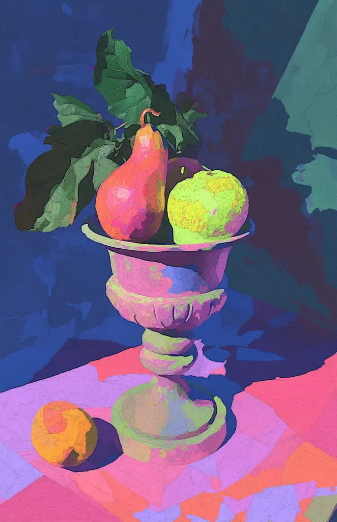 A pink pear, a green apple, and an orange sit in a stone urn on a colorful tablecloth.  The urn has a thick, heavy base with a wide mouth, and it sits on a pink, purple, and orange table cloth. The background is a deep blue with dark green shadows.