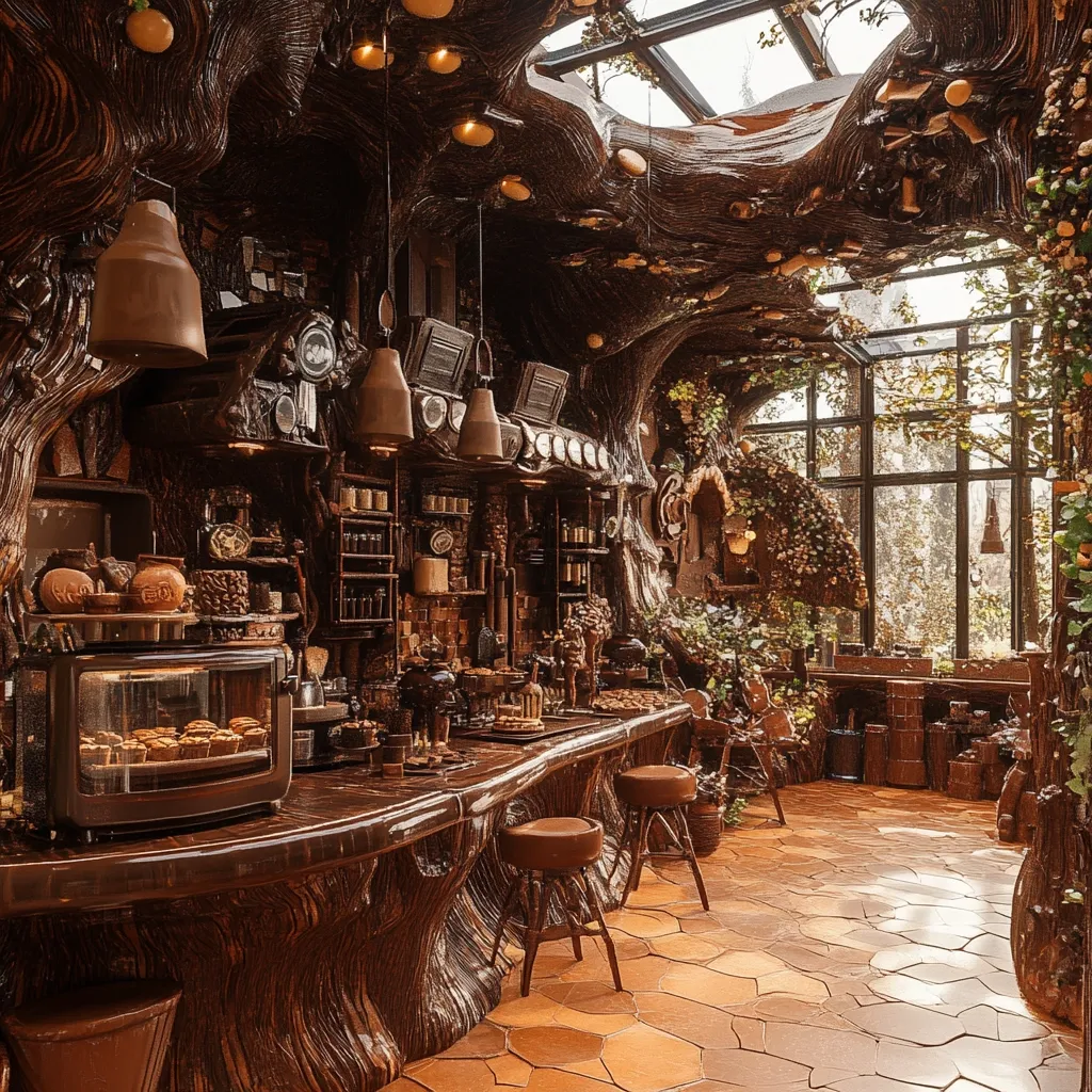 The interior of a cozy cafe is designed to resemble the inside of a tree. The walls and ceiling are made of wood, and there are large windows that look out onto a lush forest. The cafe is filled with wooden furniture and decorations, creating a warm and inviting atmosphere.  There is a counter lined with bar stools and a  large oven in the corner.  The cafe is lit by hanging lights that resemble large, ornate nuts.
