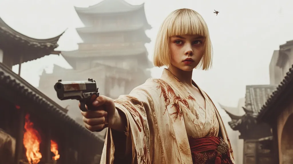 A young woman with a blonde bob, wearing a white kimono stained with blood, holds a gun in her right hand.  She stares intently into the distance, her expression serious and determined. The backdrop is a hazy, Asian city with traditional architecture. Smoke and fire are visible in the background, adding to the sense of danger and urgency.  The image captures a moment of intense action and tension.