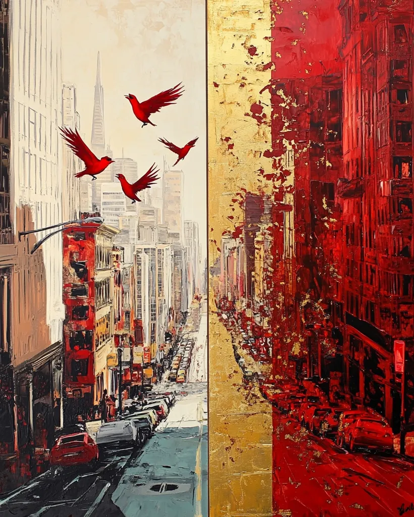 The painting depicts a city street scene, divided into two halves. The left side shows a more realistic depiction of a city street, with buildings, cars, and a few red birds flying in the sky. The right side is abstract and stylized, dominated by red and gold hues. The painting evokes a sense of urban energy and movement, juxtaposing the real and the abstract.