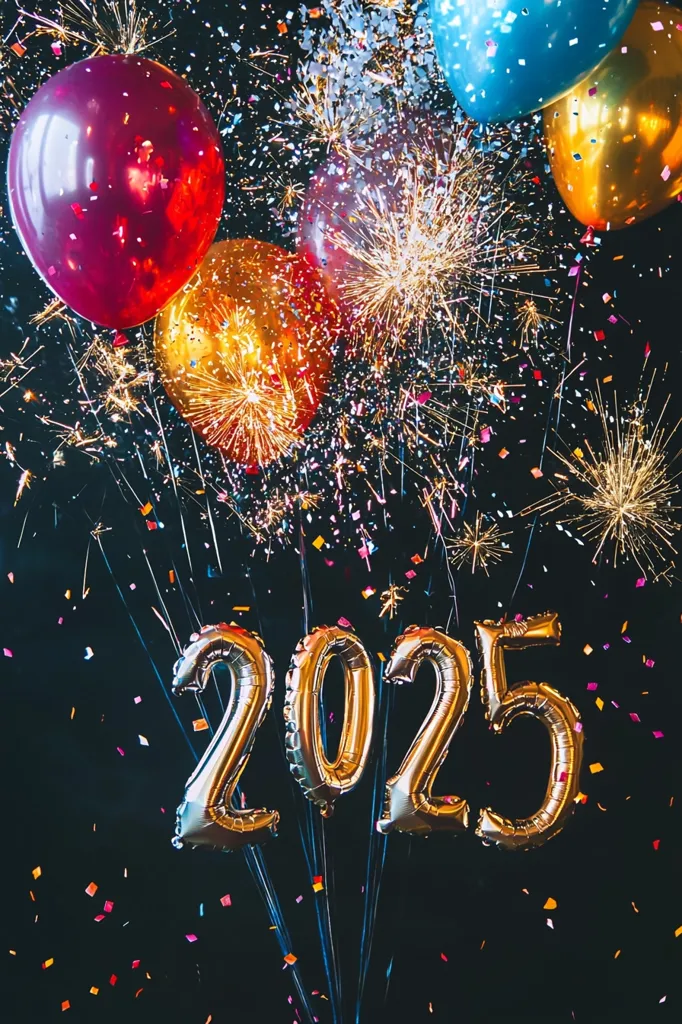 The image shows a festive celebration with balloons, confetti, and sparklers, all against a black background. The number 2025 is formed with gold balloons. This image captures the joy and excitement of a New Year's Eve party.