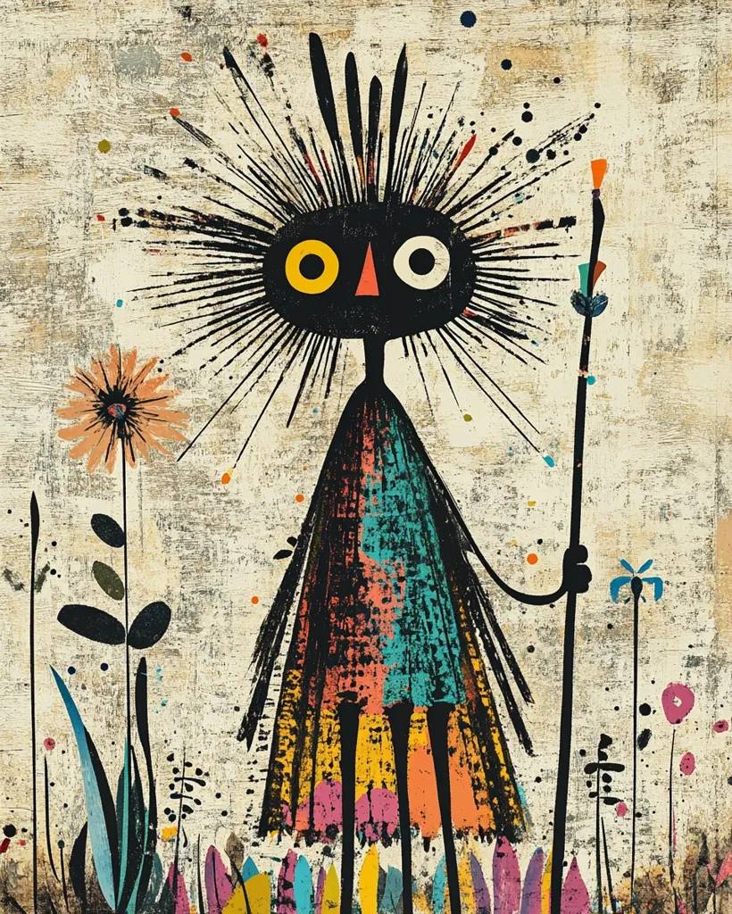 A stylized figure with a spiky black hairdo, large yellow eyes, and a colorful dress stands in a field of abstract flowers. The background is a textured beige with scattered colorful dots. The figure holds a long stick in its right hand. The overall style is whimsical and playful.