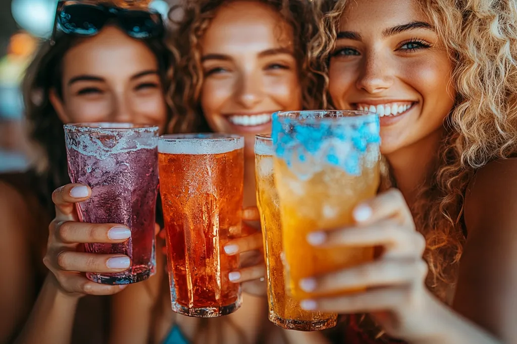 Three young women, all smiling, hold up glasses of different colored drinks.  The woman in the center has long, curly blonde hair while the women on either side have dark hair.  The glasses are full of liquid and condensation, and the women appear to be enjoying themselves. The picture is bright and warm, suggesting a fun, celebratory atmosphere.
