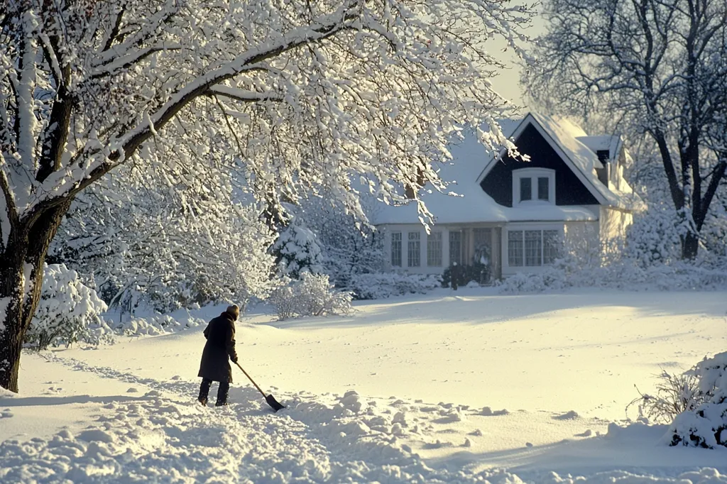 A person in a winter coat shovels snow in front of a house. The house is two-story and has a white roof and black siding. Snow covers the ground and the trees in the background. The sun shines brightly, casting long shadows.  A sense of tranquility and peacefulness fills the scene.