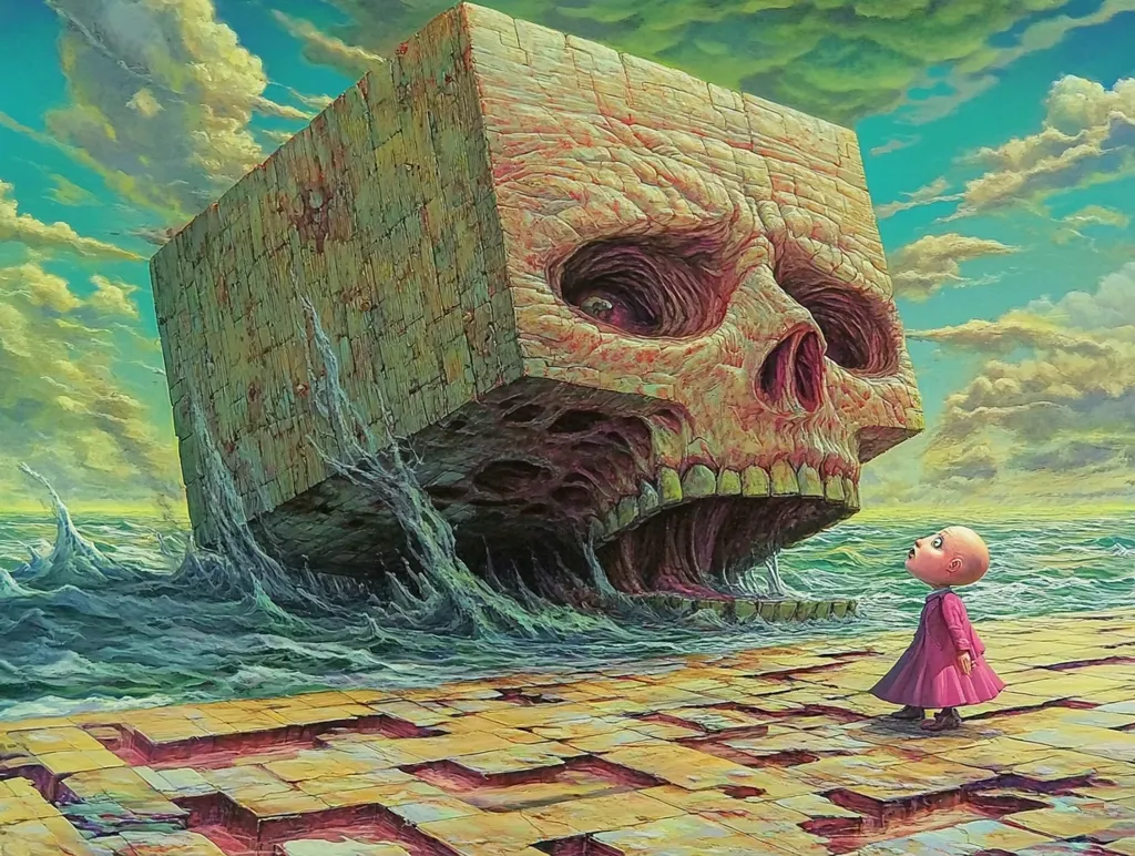 The painting depicts a surreal scene with a giant skull-shaped cube emerging from the sea. The cube's face is open, revealing a gaping maw, and its surface is textured with cracks and crevices. A small, bald figure stands on a tiled platform in the foreground, staring up at the imposing cube. The sky above is a vibrant blue with fluffy white clouds, creating a stark contrast to the ominous presence of the skull. The overall atmosphere is eerie and unsettling, suggesting a confrontation between the small human and the looming, skull-like entity.