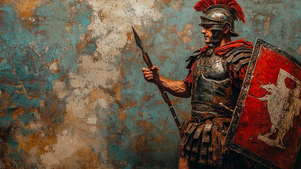 A Roman soldier in full armor stands against a textured, teal and brown background. He is holding a spear in his right hand and a shield in his left. The shield is red with a white design. He wears a helmet with a red plume. His expression is serious and determined. The image captures the strength and discipline of Roman warriors.