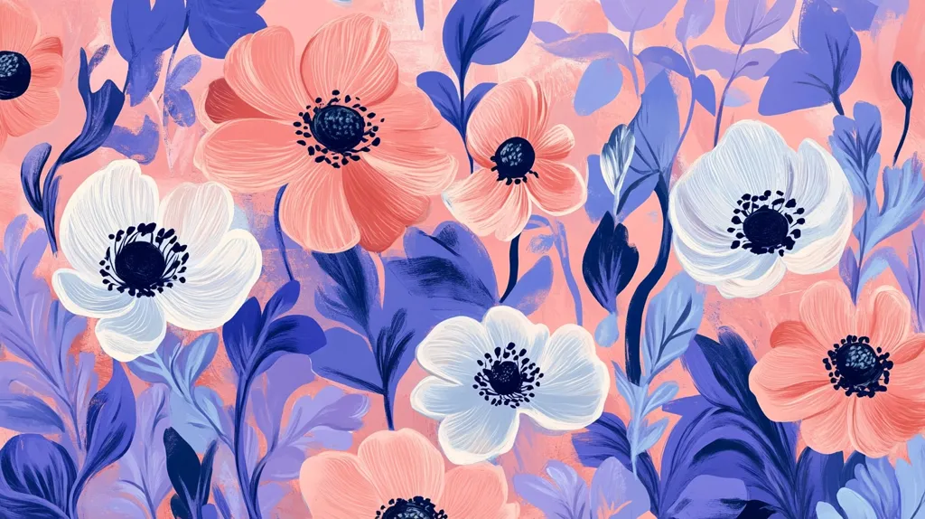 A vibrant floral pattern features a mix of coral and white flowers with dark centers, set against a soft pink background. The flowers are surrounded by blue and purple foliage, creating a lush and romantic feel. The image is painted in a loose and expressive style, with brushstrokes adding texture and depth.