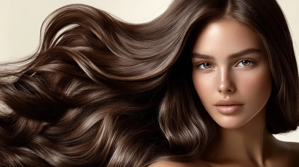 The image features a woman with long, flowing, dark brown hair that cascades down her back in loose waves. Her hair is the main focus of the image, with only a portion of her face visible. Her skin is smooth and flawless, and she has a soft, natural look. The lighting is soft and warm, creating a dreamy atmosphere.