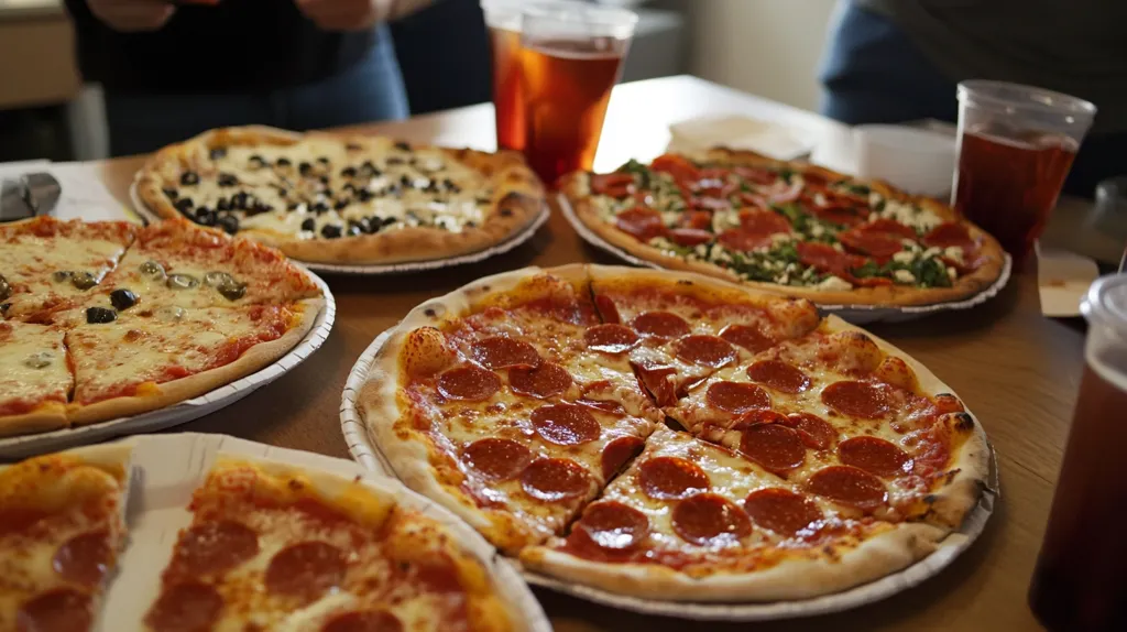 A table piled high with pizza. There are four different kinds: a pizza with black olives and cheese, a pizza with pepperoni, a pizza with spinach and cheese, and a pizza with pepperoni and cheese. There are also two glasses of beer on the table. The pizzas are all in white cardboard boxes and the table is wooden. The scene is a casual get-together with friends.