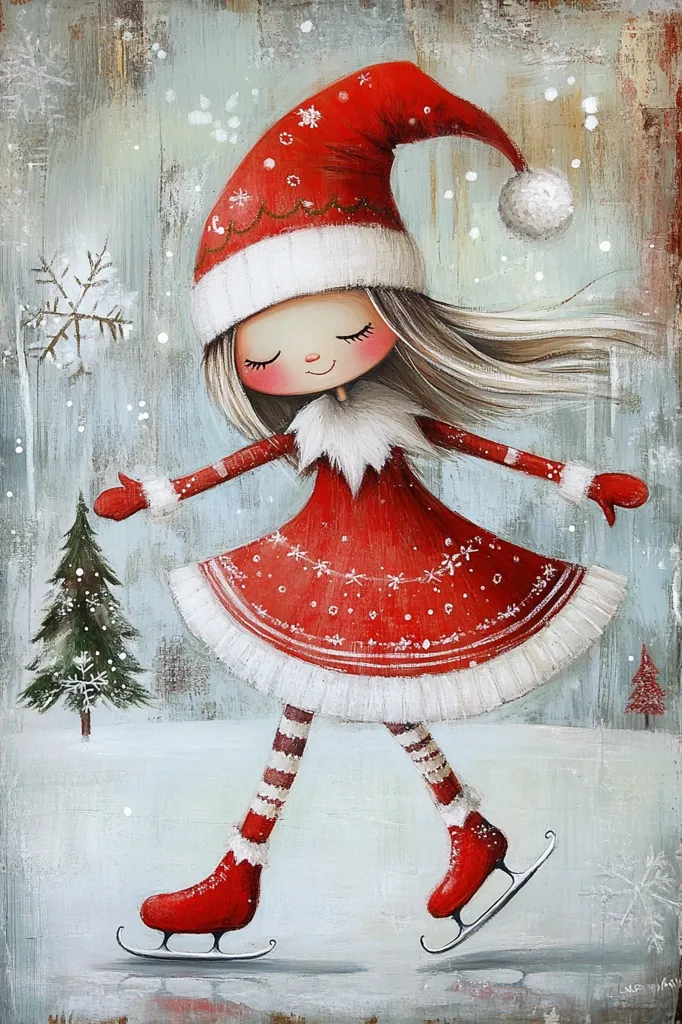 The painting features a little girl ice skating in the snow. She is wearing a red and white dress with a Santa hat and is smiling. The background is a snowy landscape with a small pine tree and falling snowflakes. The painting evokes a sense of winter cheer and joy.  The girl's hair is flowing in the wind, and she is skating with grace and confidence. The painting is a celebration of the holiday season and the simple pleasures of winter.