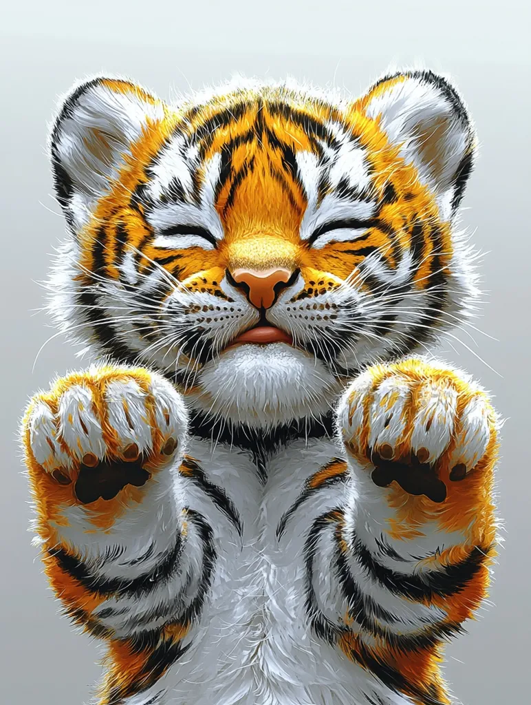 A cute tiger cub is shown with its eyes closed, a small smile on its face. It is standing on its hind legs with its front paws raised and outstretched. The tiger is a beautiful orange and black color, with a white belly and a fluffy tail. The background is a soft gray, making the tiger stand out. The image captures the innocence and playfulness of a young tiger.