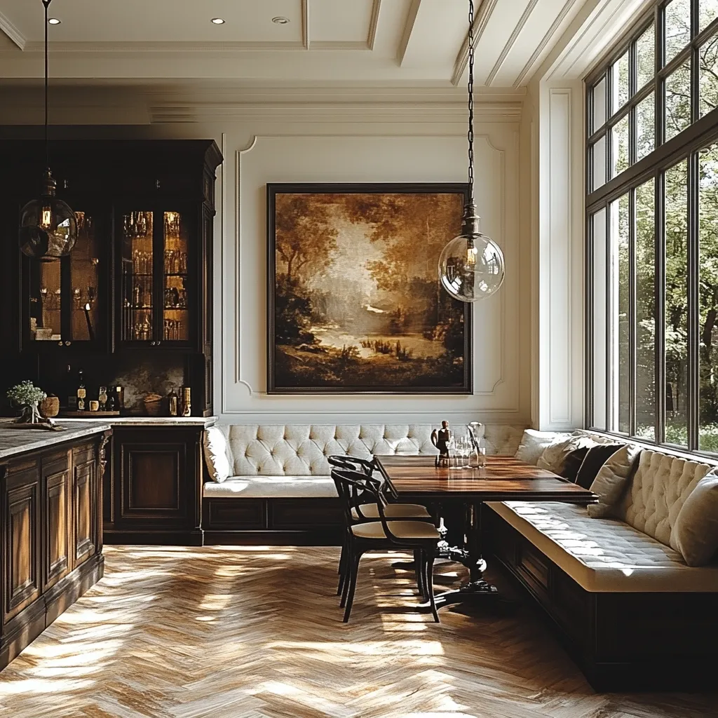 The image shows a luxurious dining room with a large window overlooking a garden. A long, dark wooden table sits in front of a white tufted bench, and the room is decorated with a large oil painting of a forest scene and a chandelier. The wooden floor has a herringbone pattern, adding to the elegant ambiance. Sunlight streams through the window, highlighting the rich wood tones and creating a warm atmosphere.