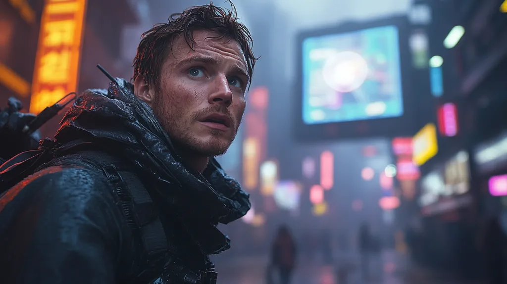 A man in a dark jacket and backpack stands on a city street at night, his face illuminated by the glow of neon signs and a nearby screen. Rain falls, creating a moody atmosphere. The man looks up with a serious expression, his gaze directed toward the top of the frame. The city's lights blur in the background, adding to the sense of mystery.
