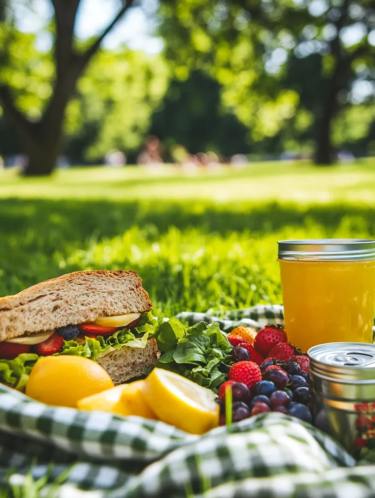 A picnic blanket laid out on a lush green lawn, a sandwich, lemons, grapes, strawberries, spinach, a glass of orange juice and a can of food make up this picnic scene.  The background is a blurry image of a grassy field and trees, creating a peaceful and relaxing atmosphere.  The scene is perfect for a summer day out.