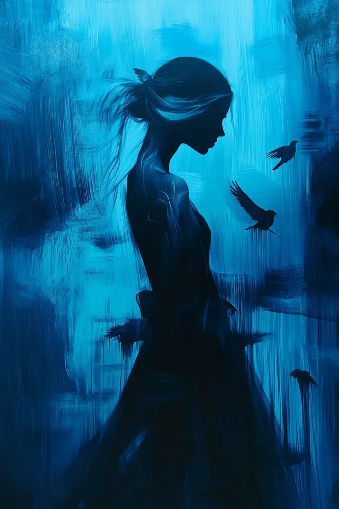 The painting depicts a woman's silhouette in a long flowing dress, standing against a blue background. Her hair flows behind her, and she looks down, lost in thought. The background is a vibrant blue with brushstrokes, creating a sense of depth and movement. Three birds are flying in the upper right corner of the painting, adding a touch of freedom and lightness to the overall mood. The artwork evokes a sense of melancholy and introspection.