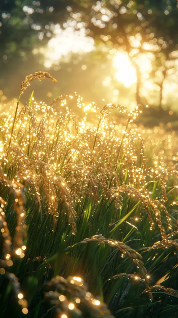 A field of tall grass, glistening with dew drops in the morning sunlight.  The light casts a warm glow on the plants, creating a soft, dreamy atmosphere. The background is a blur of trees and foliage, adding depth to the image. The image evokes a sense of peace and tranquility, capturing the beauty of a simple natural scene.