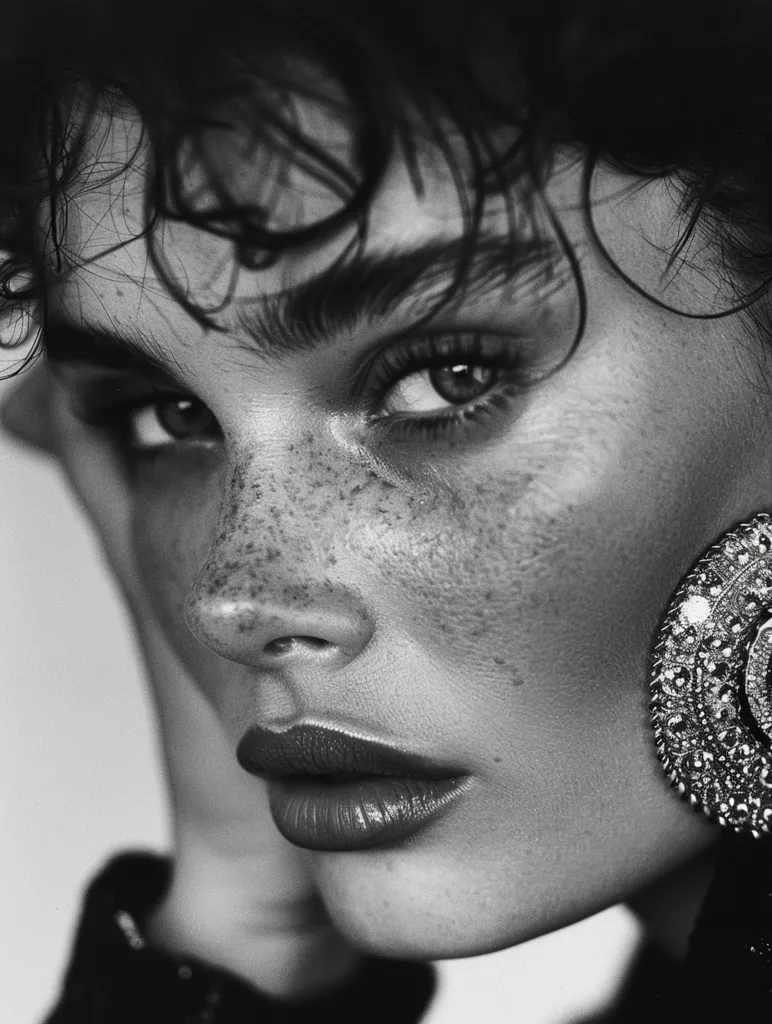 A black and white portrait of a woman with dark, curly hair, a large, ornate earring, and a soft focus on her eyes and lips. Her face is covered in freckles, adding to the natural and delicate beauty of the image. The lighting casts soft shadows, enhancing the overall intimate mood.