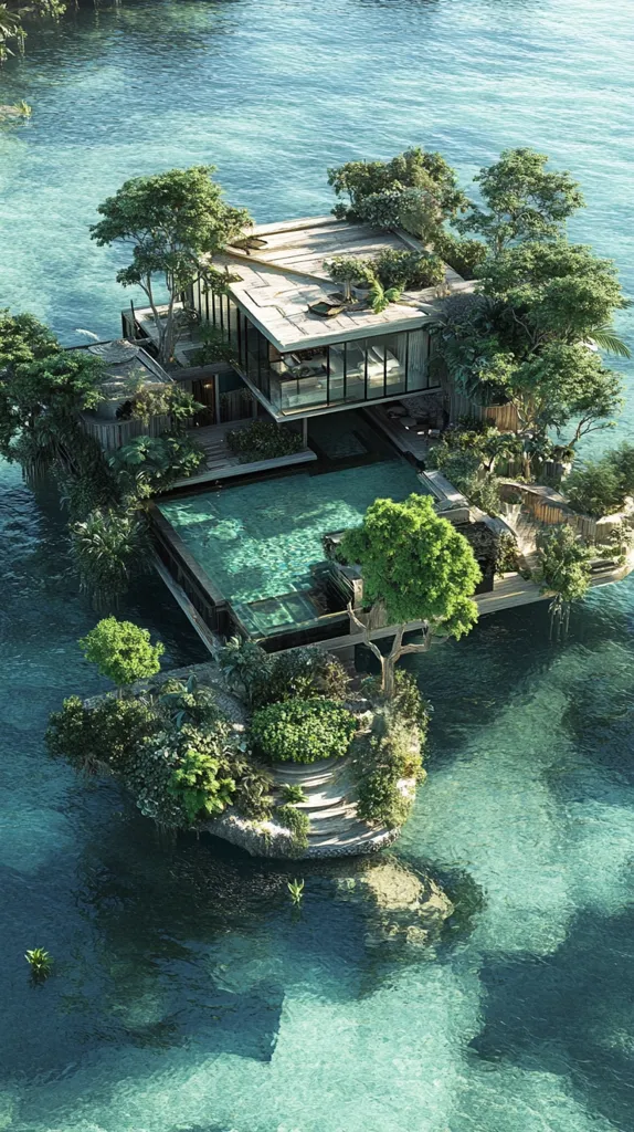 A modern, luxurious house sits atop a small island in a tropical lagoon. The house is surrounded by lush greenery and has a large, clear swimming pool. The water in the lagoon is crystal clear and the sky is a bright blue. The scene is serene and idyllic, perfect for a relaxing getaway.