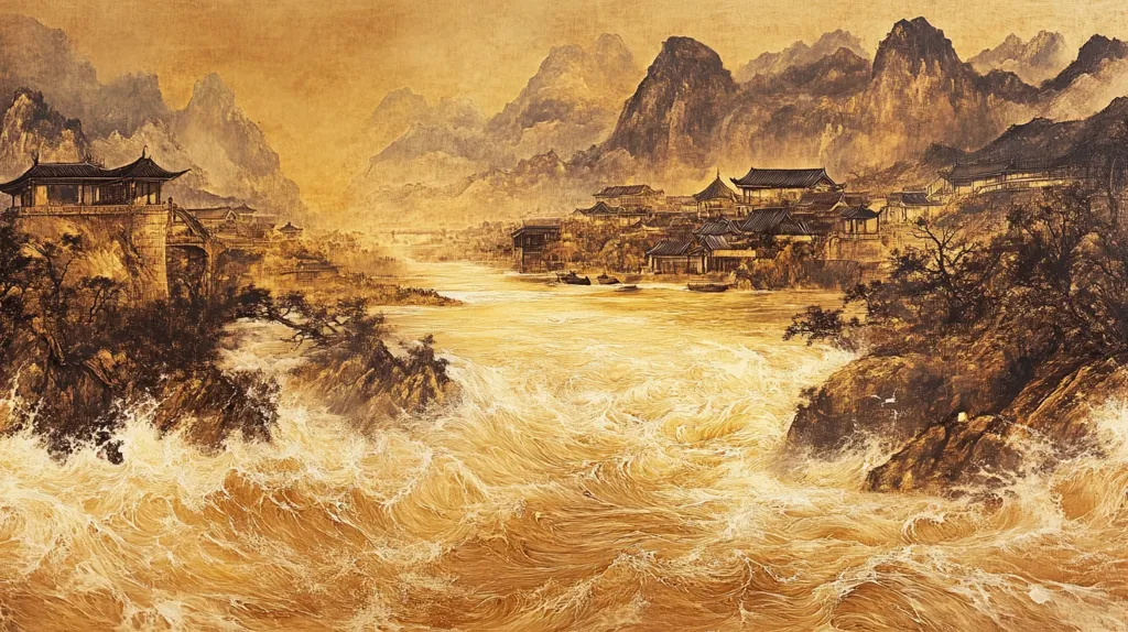A traditional Chinese landscape painting depicts a bustling village nestled between majestic mountains. A wide river, with swirling, golden water, flows through the scene. The village is filled with intricate architecture, with wooden buildings, bridges, and pavilions. The foreground showcases rocky outcroppings, lush greenery, and a sense of tranquility. The overall composition evokes a sense of serene beauty and harmonious coexistence between nature and human civilization.