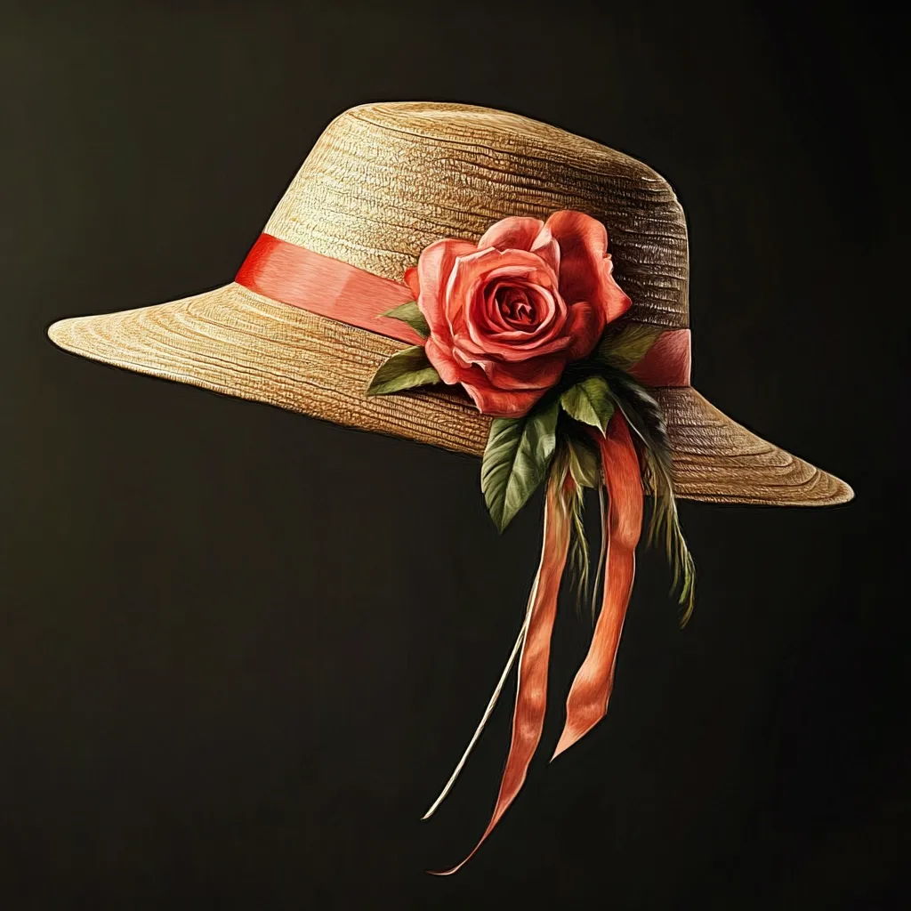 A straw hat with a wide brim and a large, pink rose and green leaves adorning the crown. The hat is tied with a long, red ribbon that flows down the side. The hat is set against a dark background, highlighting its details.  The image evokes a sense of vintage elegance and femininity.