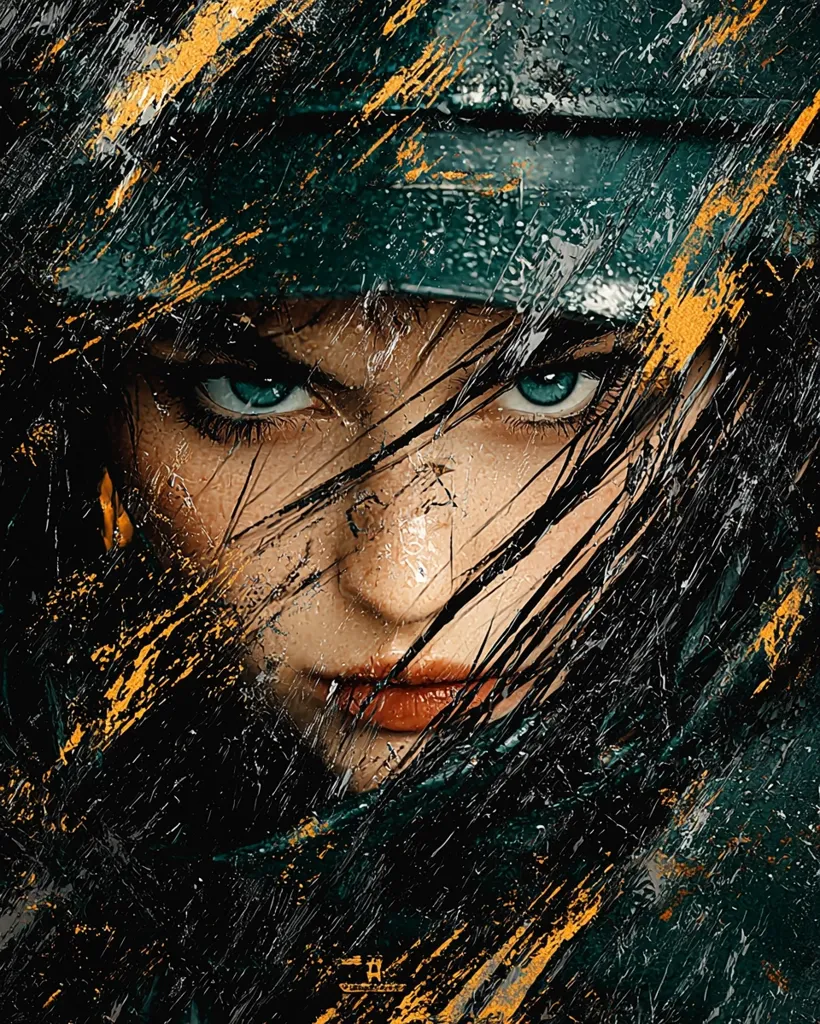 A woman with dark hair and blue eyes stares intensely out from behind a dark green fabric. The fabric is streaked with yellow and orange paint, creating a sense of movement and energy. Her lips are painted a bright red, and her expression is a mixture of defiance and sadness. The image is stylized and dramatic, suggesting a story of strength and resilience.