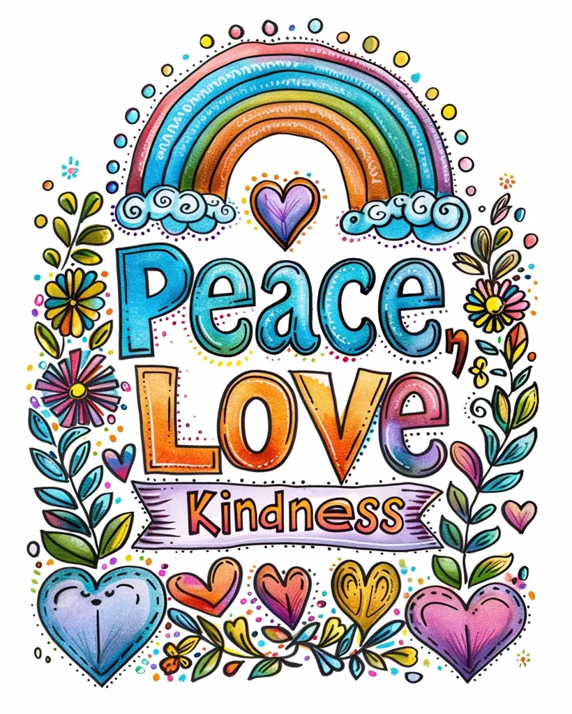 The image is a colorful, illustrated design featuring the words "Peace, Love, Kindness" in a whimsical font. A rainbow arches over the text with a heart at the top. The image is surrounded by flowers, leaves, and hearts in a variety of colors. The overall style is happy and optimistic.
