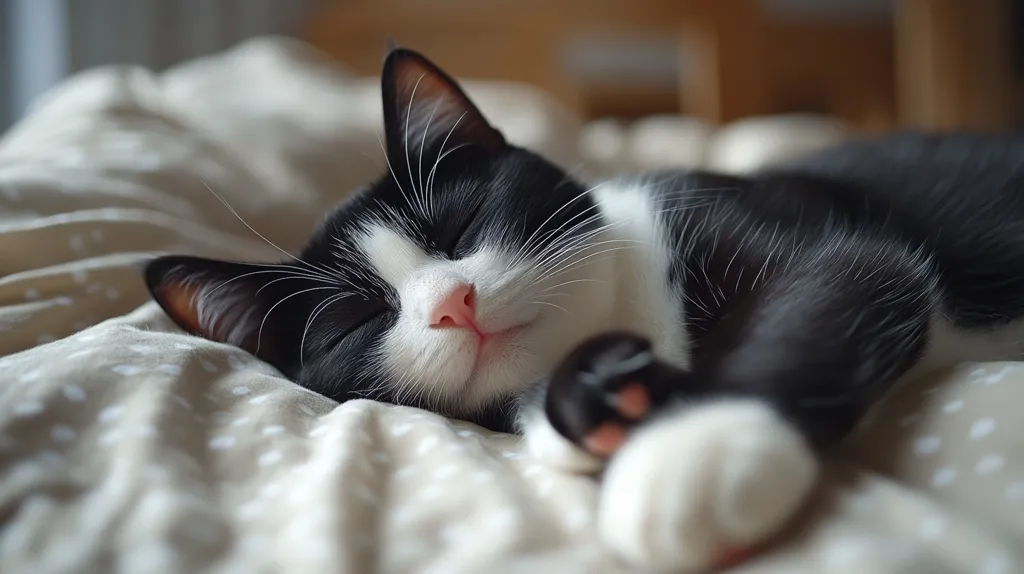 A black and white cat sleeps peacefully on a beige and white patterned bed. The cat's eyes are closed, and its whiskers are twitching slightly. The cat's fur is soft and fluffy, and its paws are tucked under its body. The bed is soft and comfortable, and the cat looks very relaxed.