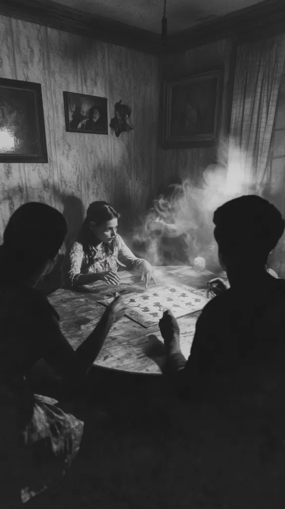 A black and white image captures a dimly lit room with three figures seated around a table.  A young woman with long hair sits at the table, her back to the viewer, engaged in an activity.  A second figure sits beside her, their face obscured by shadows, and a third figure sits to the right of the table, their back turned to the viewer, with only their arm visible.  A hazy atmosphere fills the room, creating a sense of mystery and intrigue.  The image hints at a scene of contemplation, perhaps involving a game or a ritual.  The overall tone is enigmatic and evocative.